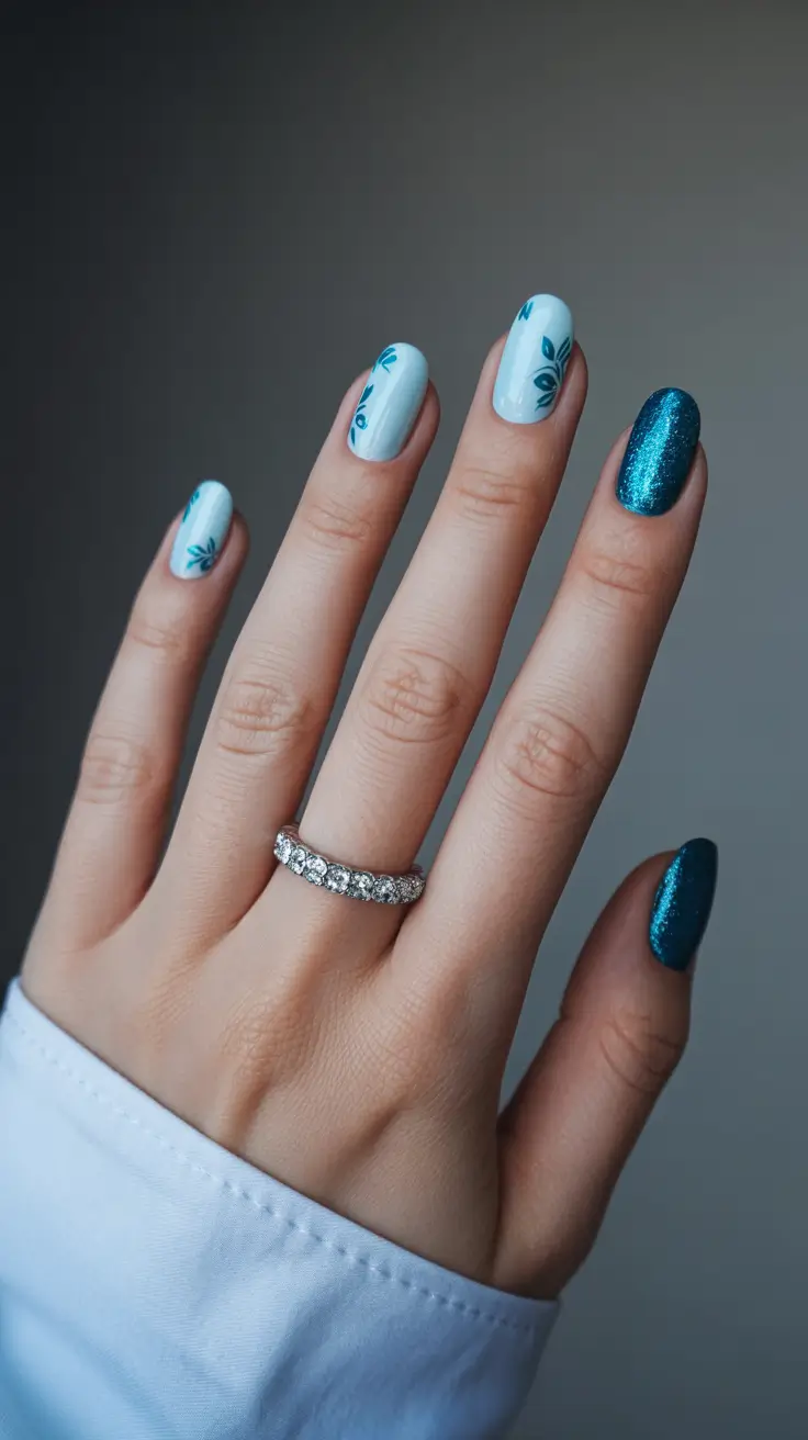 stylish cool spring nails for 2026 Icy Blue Botanical Lines with Deep Teal Sparkle Accent