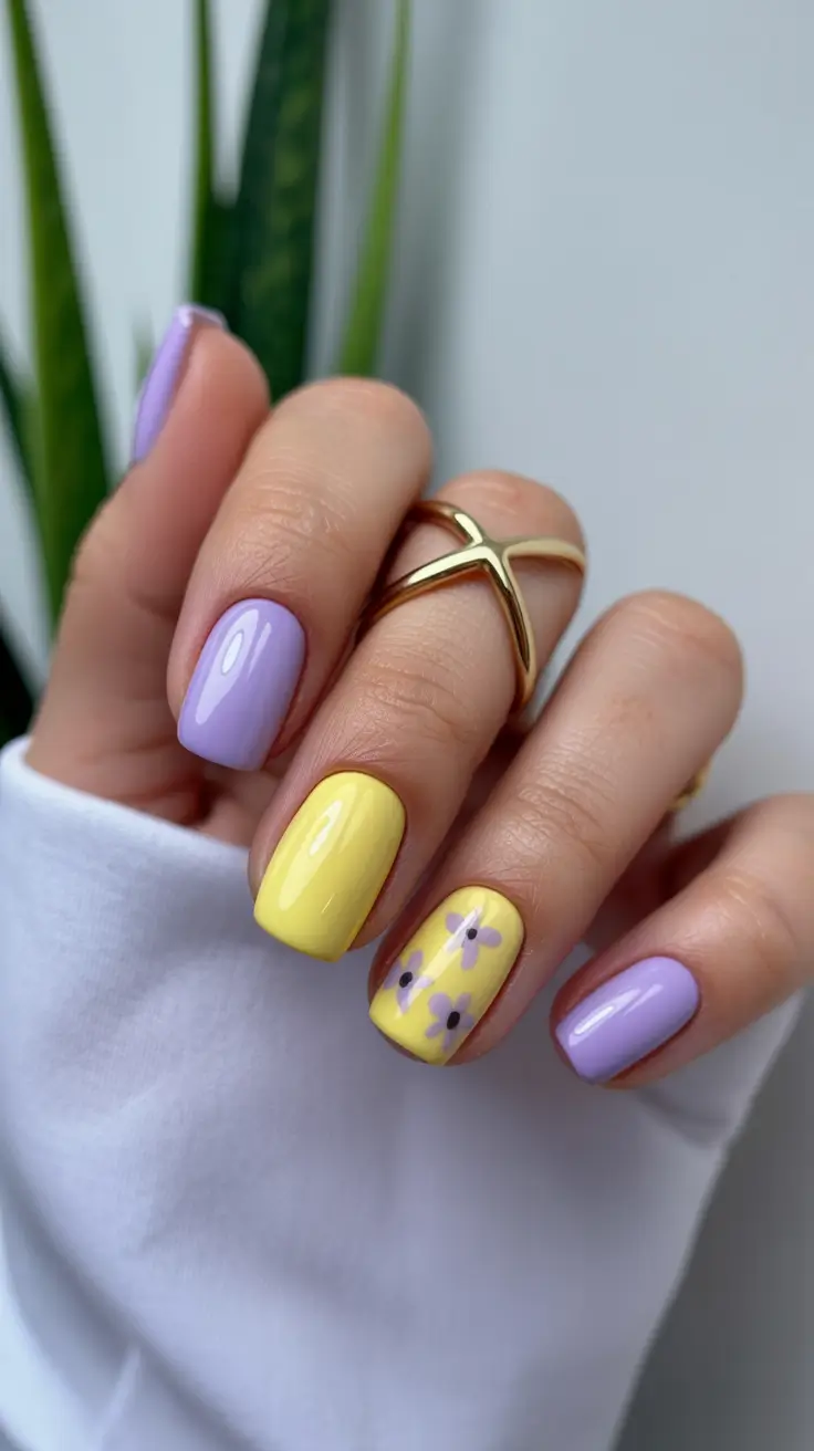 stylish cool spring nails for 2026 Pastel Lavender and Soft Yellow Floral Balance