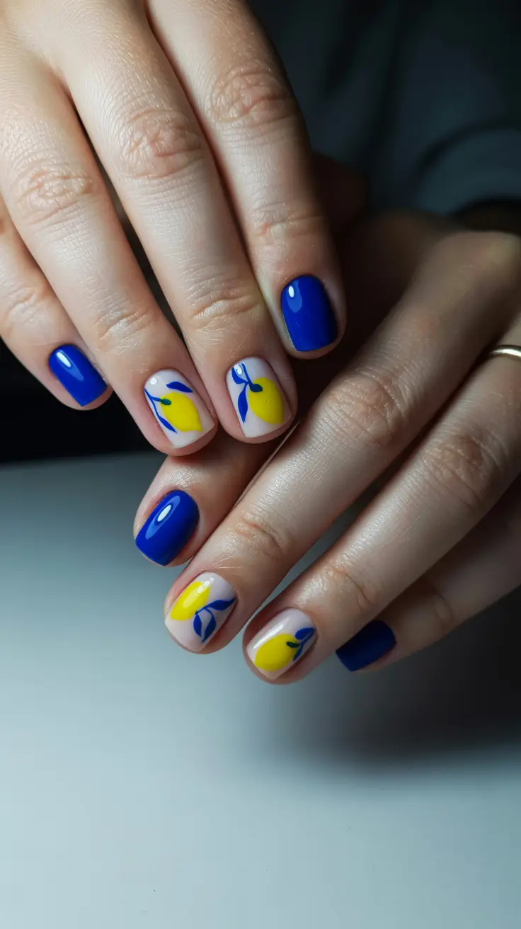 stylish cool spring nails for 2026 Bold Cobalt and Lemon Botanical Contrast