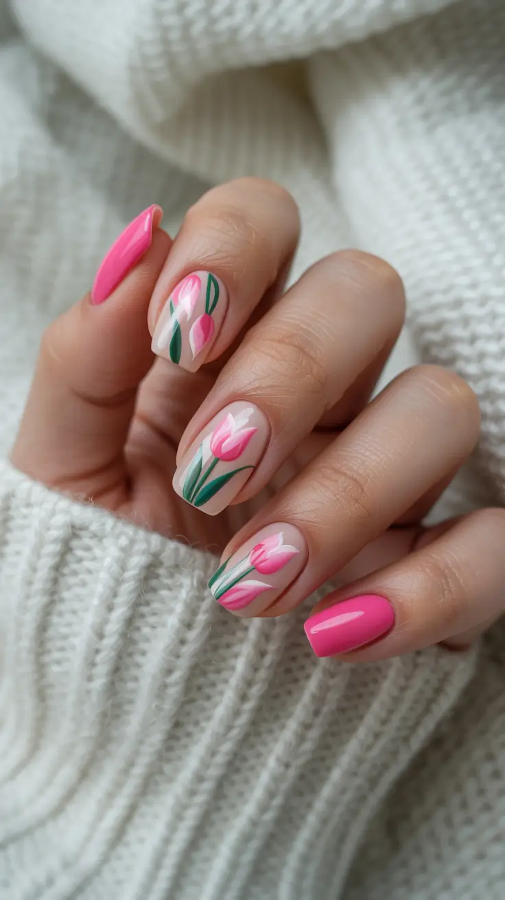stylish cool spring nails for 2026 Minimal Nude Base with Hand-Painted Pink Tulips