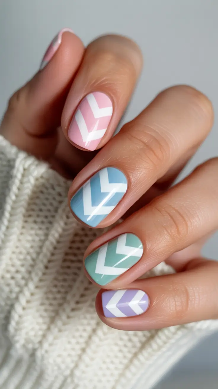 stylish cool spring nails for 2026 Soft Pastel Chevron Geometry