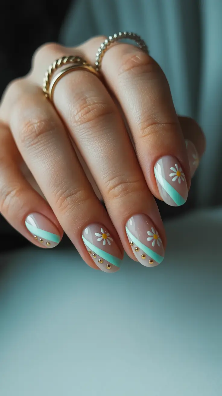 stylish cool spring nails for 2026 Mint French Angles with Daisy and Gold Stud Accents