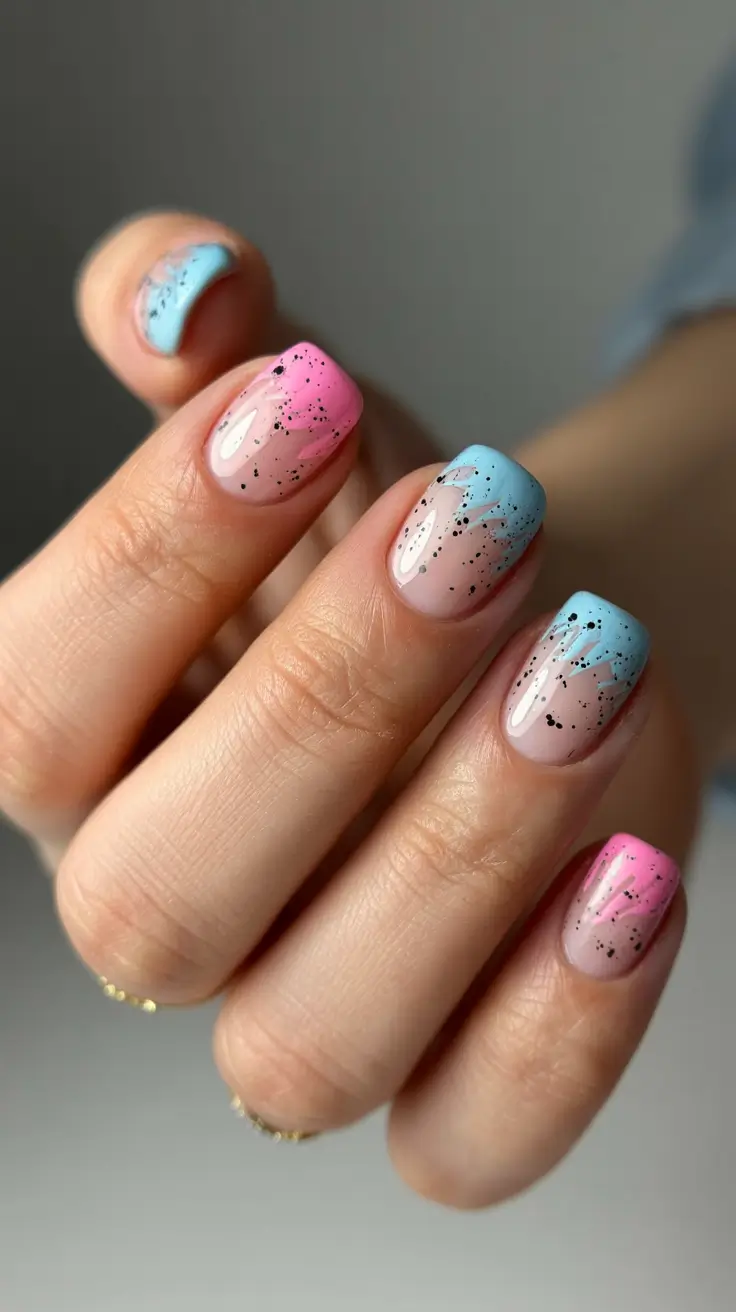 stylish cool spring nails for 2026 Pastel Ombre Speckled Finish with Artistic Edge