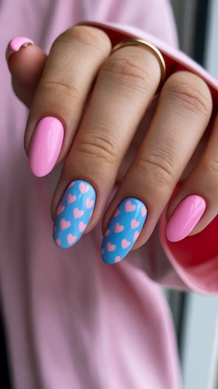 stylish cool spring nails for 2026 Playful Pink and Sky Blue Heart Pattern Mix