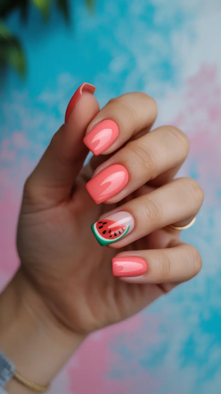 stylish cool spring nails for 2026 Coral Gloss with Minimal Watermelon Accent