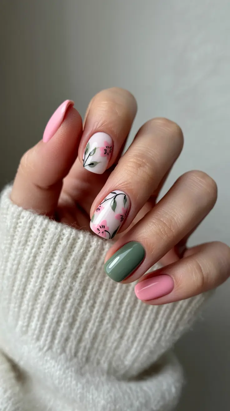 stylish cool spring nails for 2026 Soft Botanical Pink and Sage Floral Composition