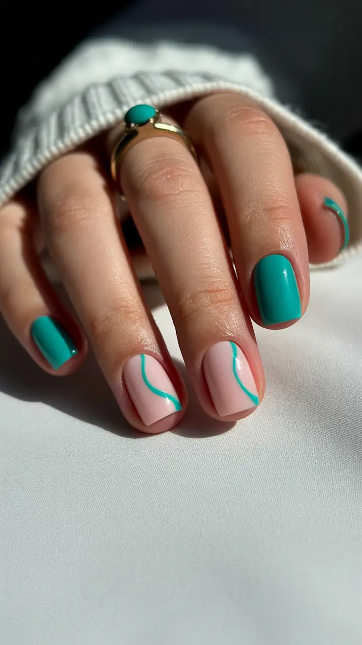 stylish cool spring nails for 2026 Minimal Nude Base with Teal Line Accents