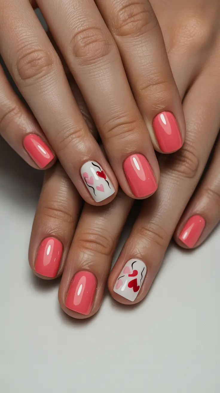 stylish cool spring nails for 2026 Coral Romance with Modern Heart Details
