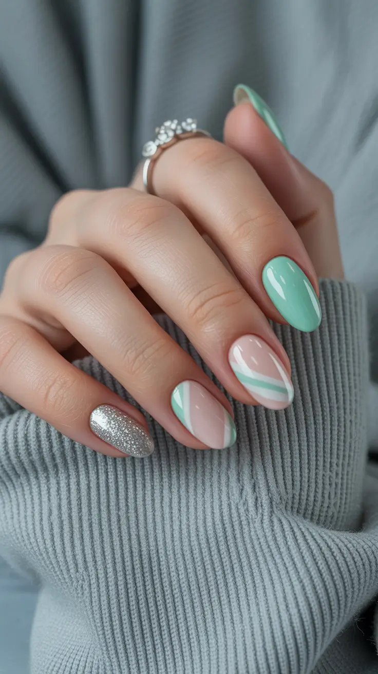 stylish cool spring nails for 2026 Mint Geometry with a Touch of Metallic Shine