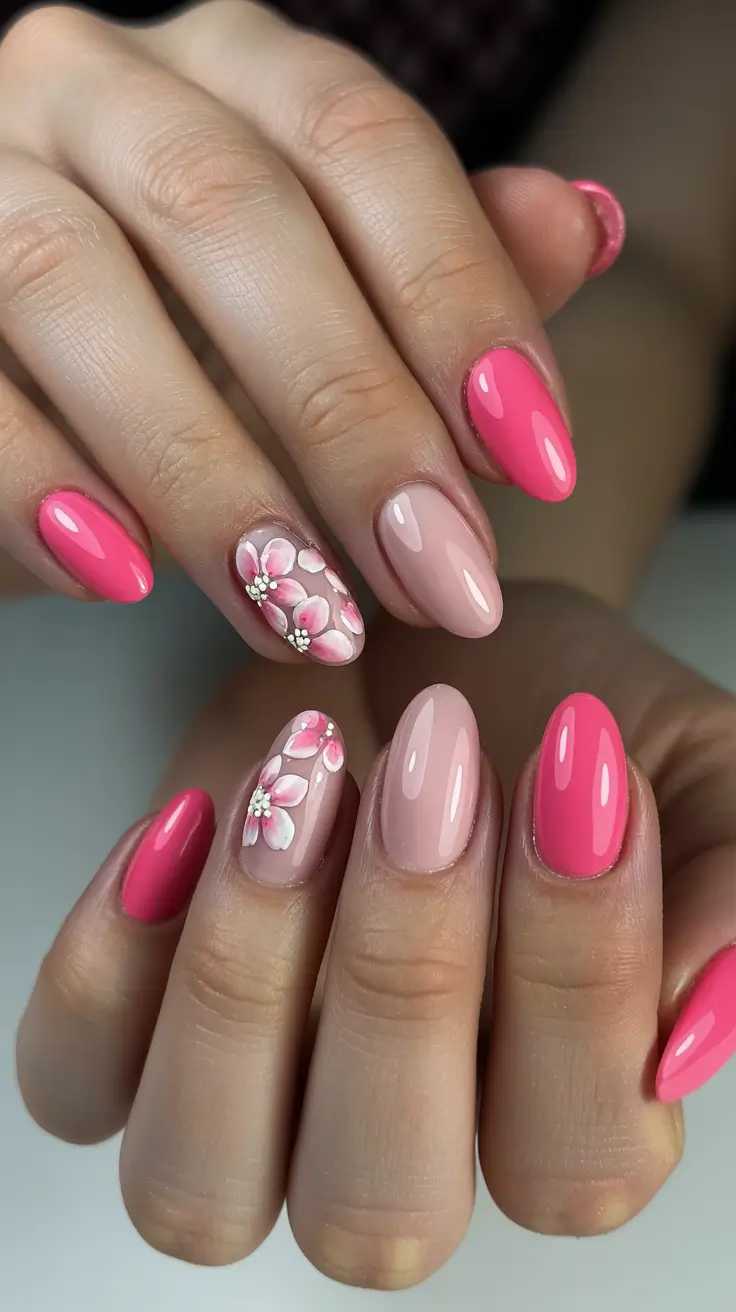 stylish cool spring nails for 2026 Glossy Pink Blossom Accent for Romantic Spring Energy