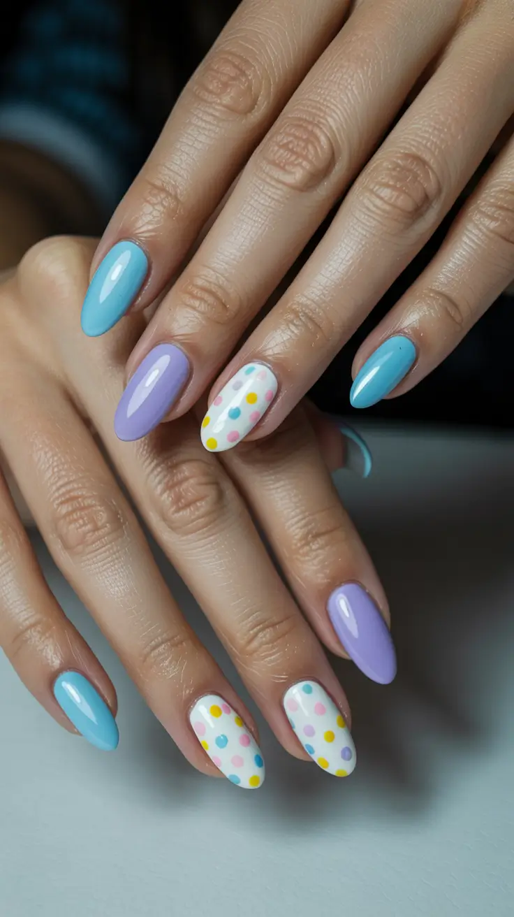 stylish cool spring nails for 2026 Pastel Mix with Playful Confetti Dot Accent