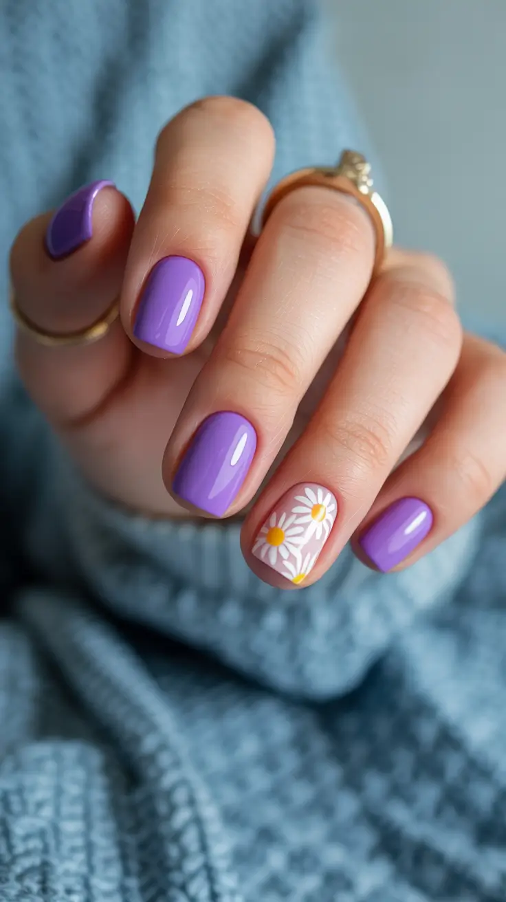 stylish cool spring nails for 2026 Clean Lilac Simplicity with Minimal Daisy Detail
