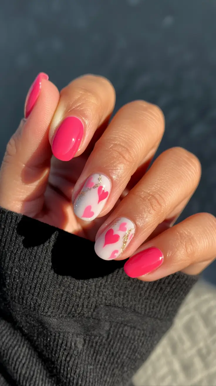 stylish cute spring nails 2026 Hot Pink Hearts with Delicate Gold Detailing