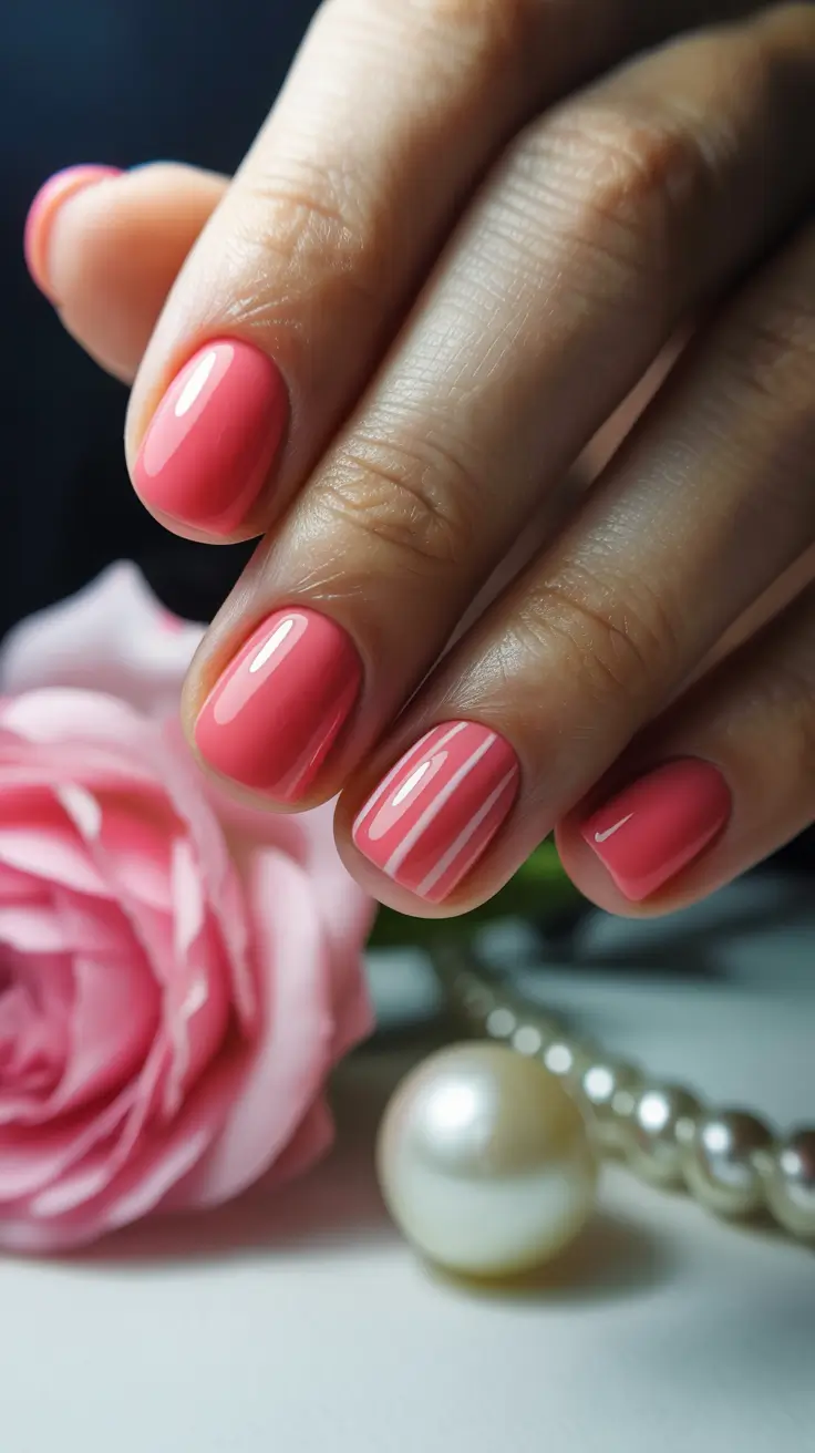stylish cute spring nails 2026 Coral Gloss with Minimal Linear Accent
