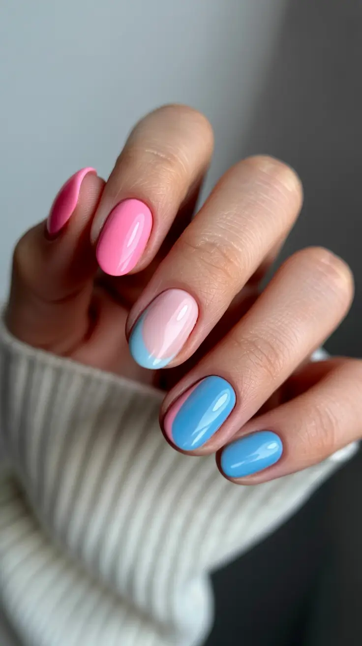 stylish cute spring nails 2026 Bubblegum Pink and Sky Blue Soft Contrast