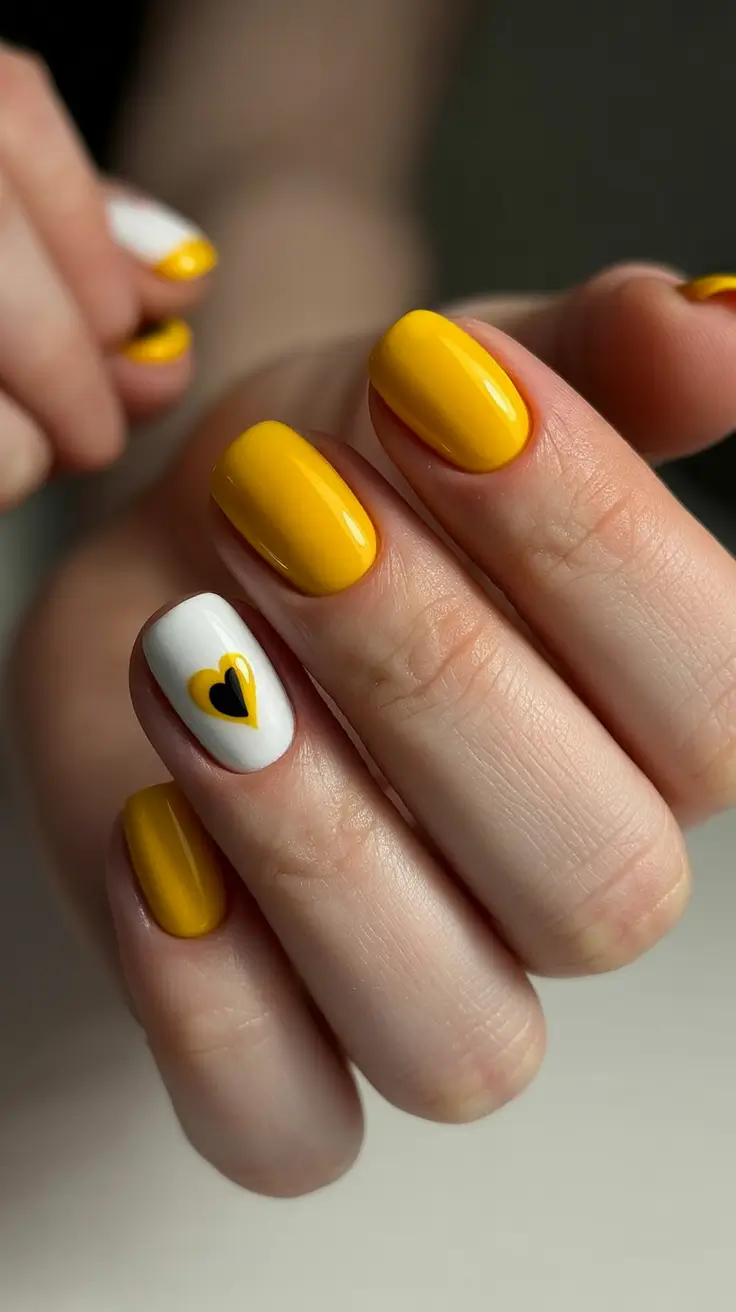 stylish cute spring nails 2026 Sunny Yellow Pop with Minimal Heart Accent