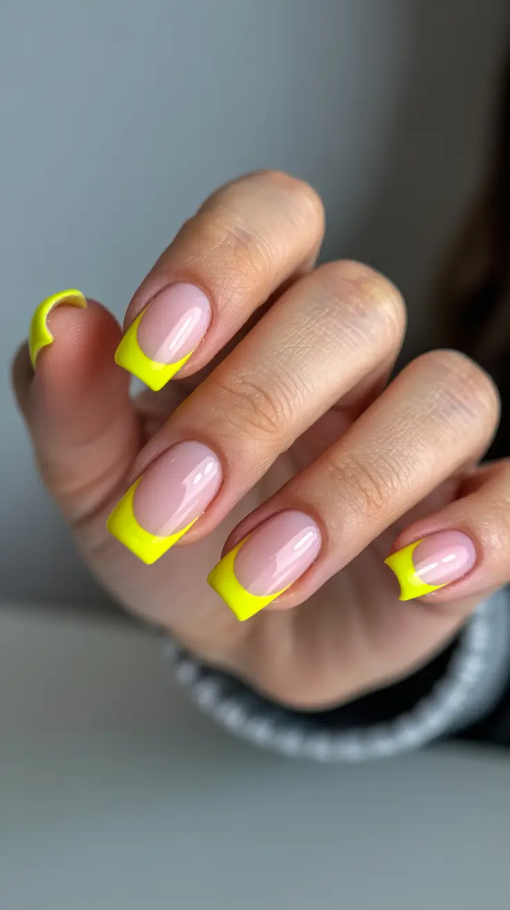 stylish cute spring nails 2026 Neon Lemon French with Clean Square Structure