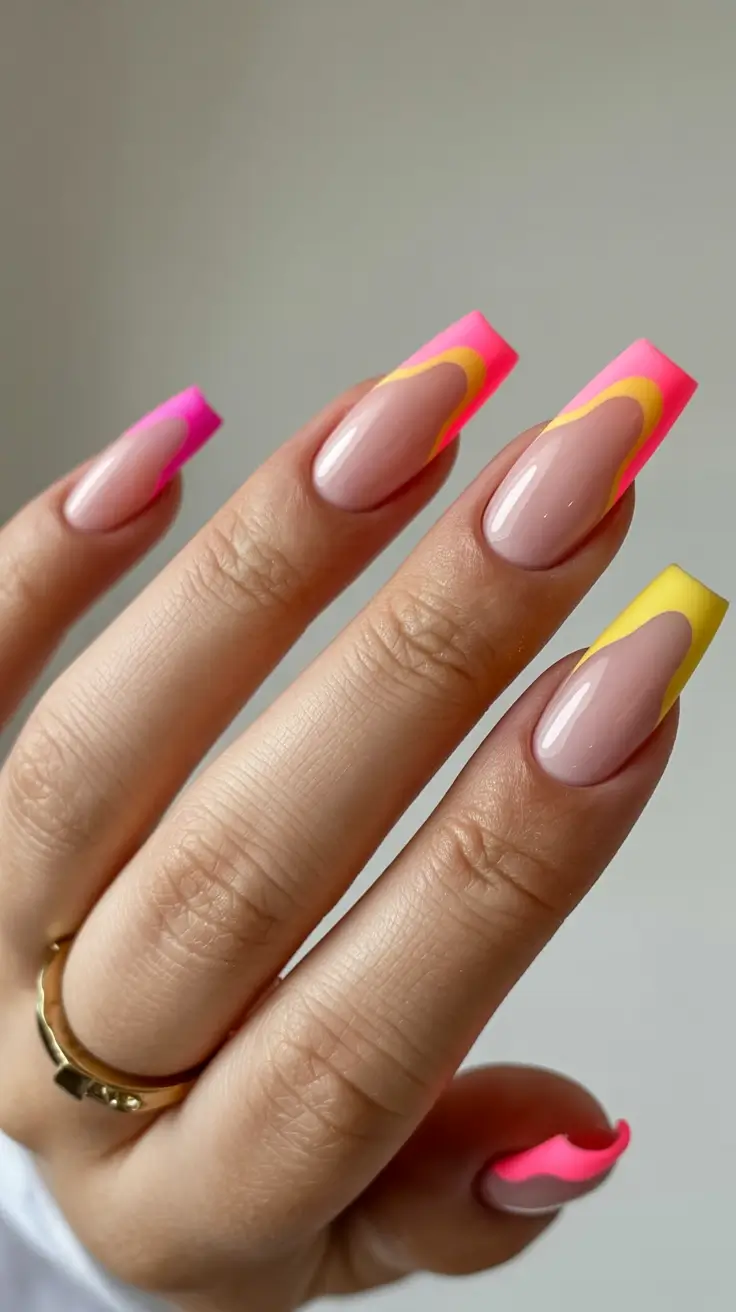 stylish cute spring nails 2026 Sunset Pop Dual Tone French with Soft Curves
