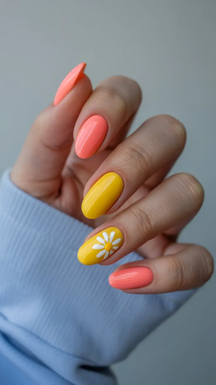 stylish cute spring nails 2026 Juicy Coral and Sunshine Daisy Color Pop