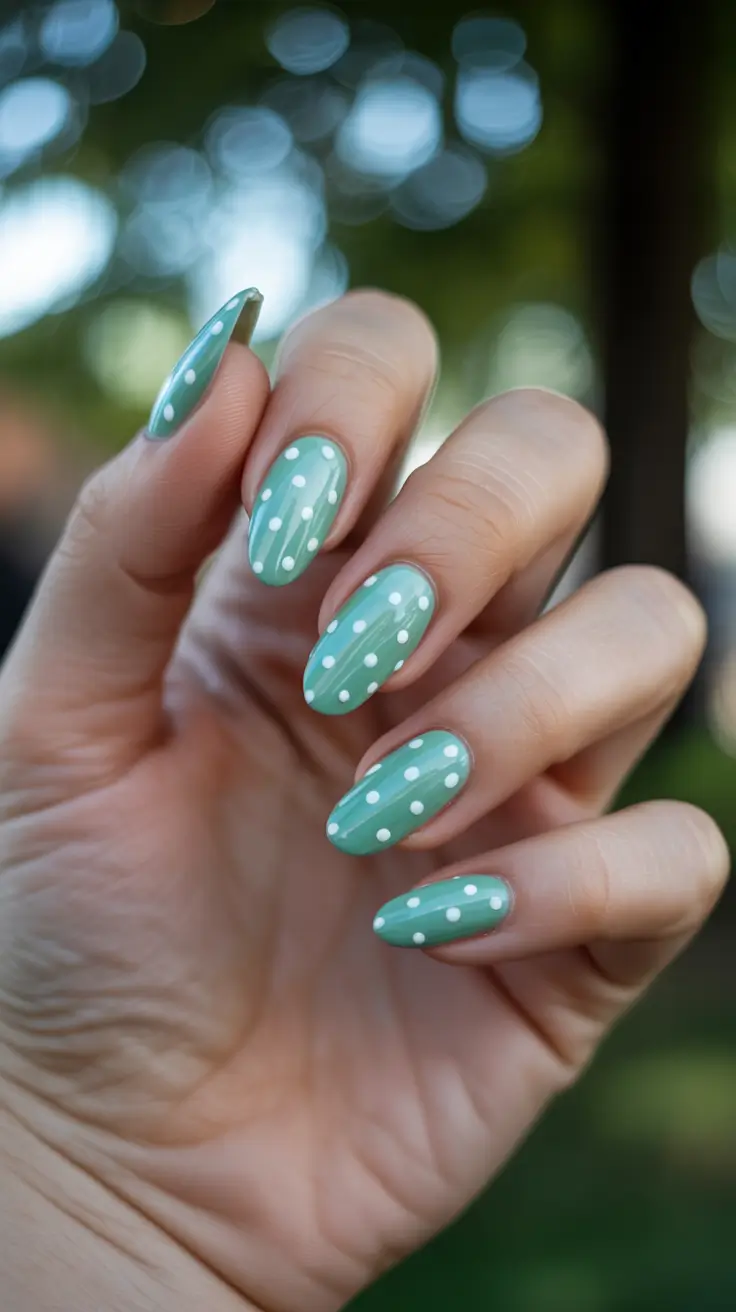 stylish cute spring nails 2026 Mint Polka Dot Almond Charm