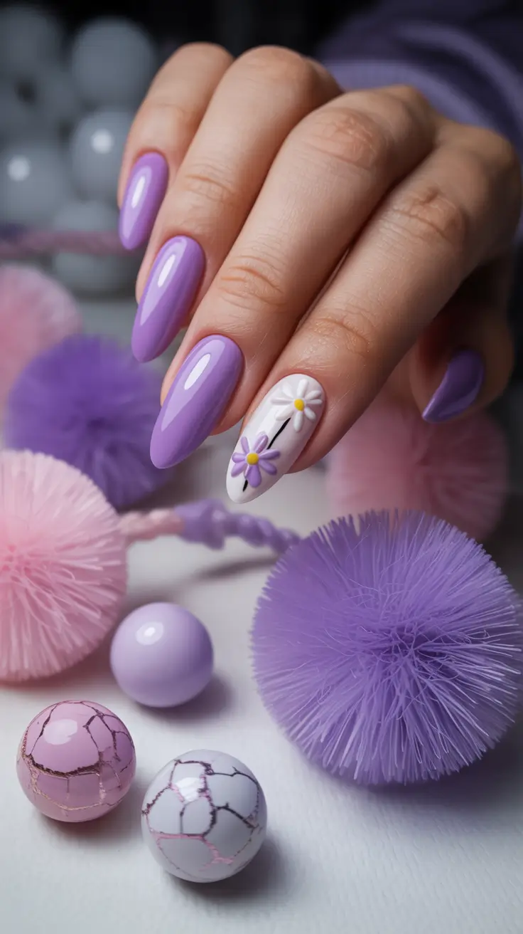 stylish cute spring nails 2026 Lavender Dream Florals with Sculpted Accent Art
