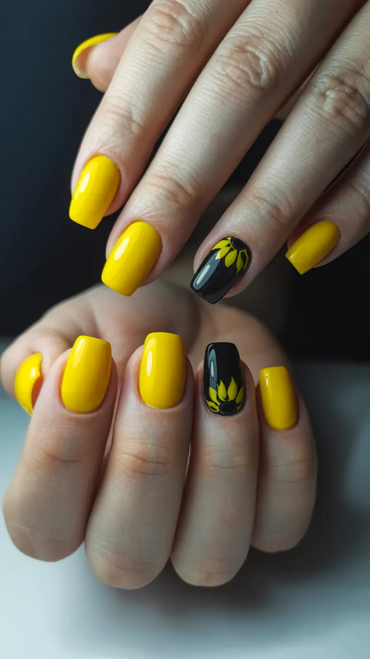 stylish cute spring nails 2026 Bold Sunflower Yellow with Graphic Accent Drama