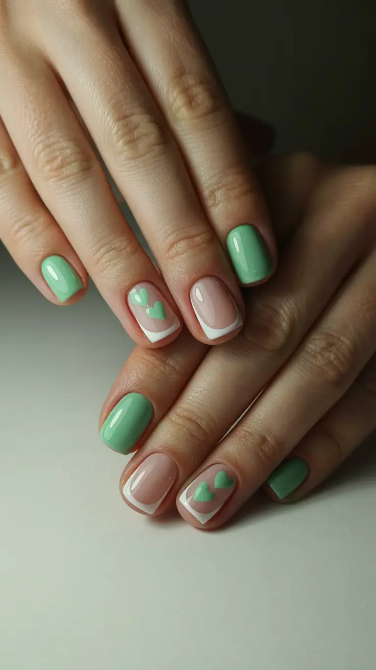 stylish cute spring nails 2026 Mint Heart French with Soft Romantic Minimalism