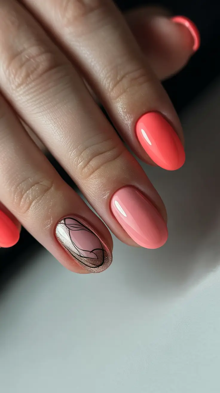 stylish early spring nails 2026 Coral glow abstract accent