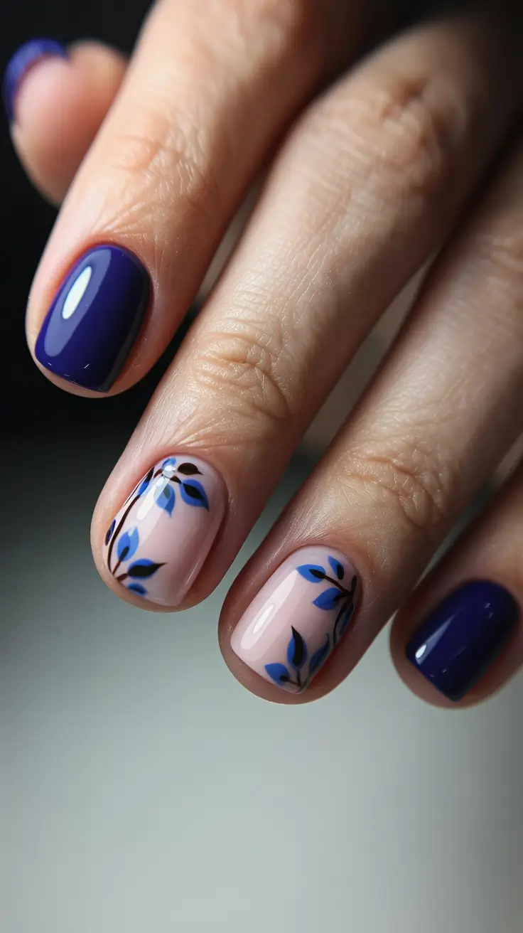 stylish early spring nails 2026 Navy botanical minimal contrast