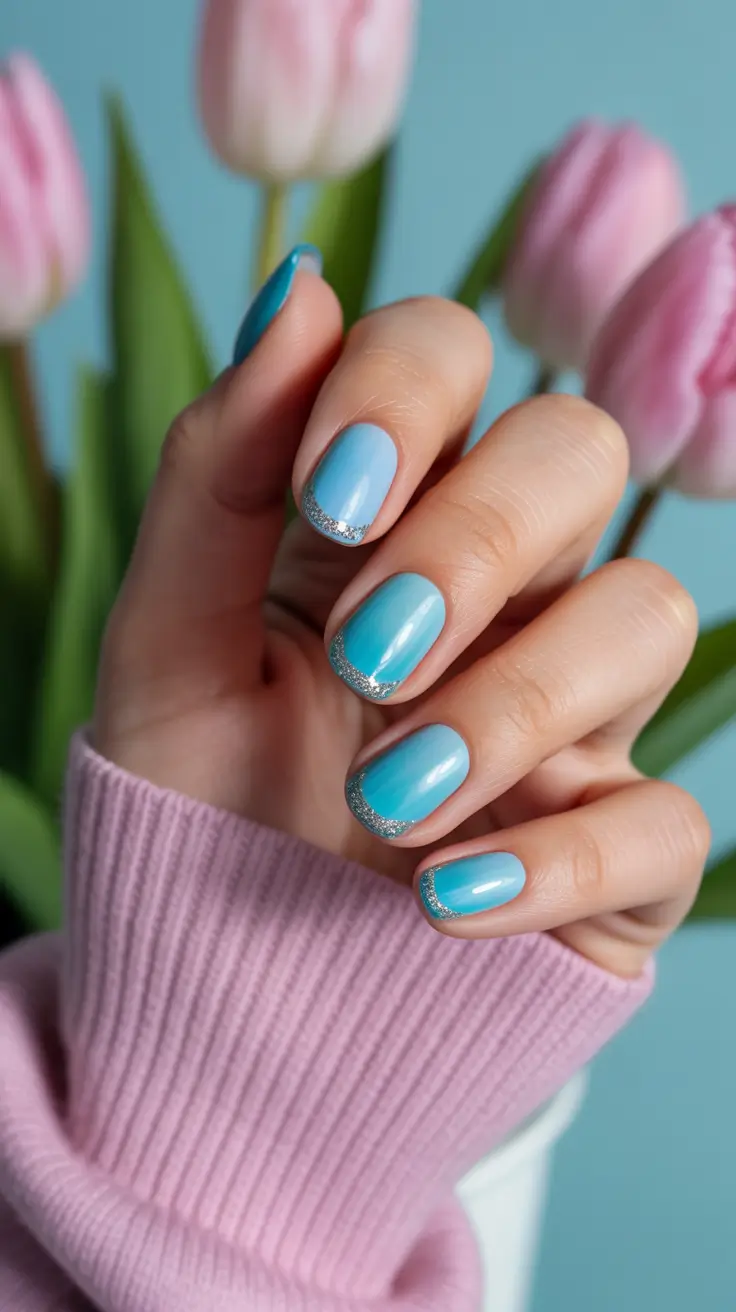 stylish early spring nails 2026 Sky blue glitter kiss tips