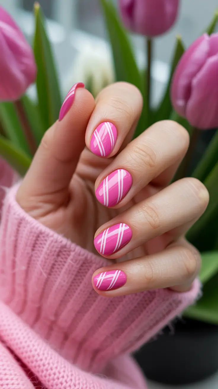 stylish early spring nails 2026 Pink graphic stripe energy