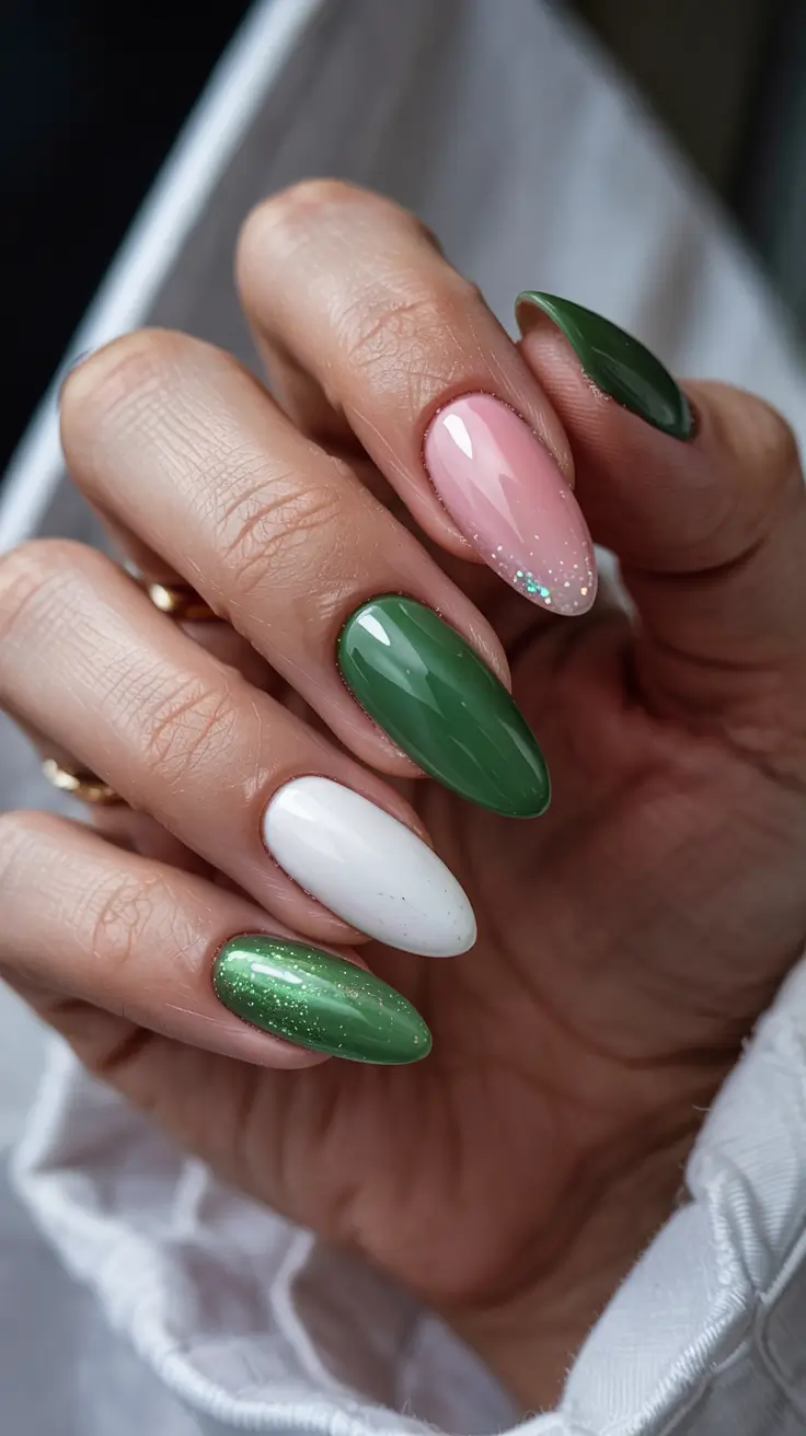 stylish spring almond nails 2026 Forest Dew Mix - Glossy Green and Soft Pink Almond Nails