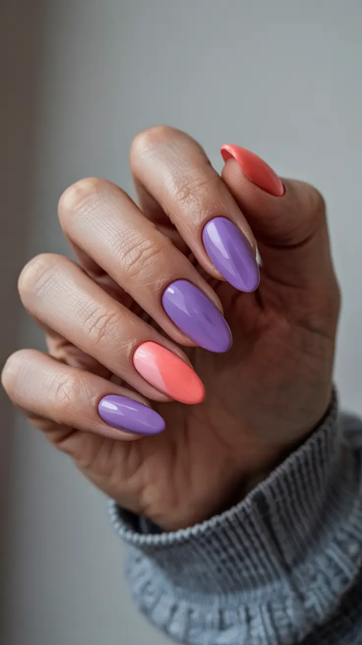 stylish spring almond nails 2026 Lavender Coral Duo - Soft Contrast Almond Color Pairing