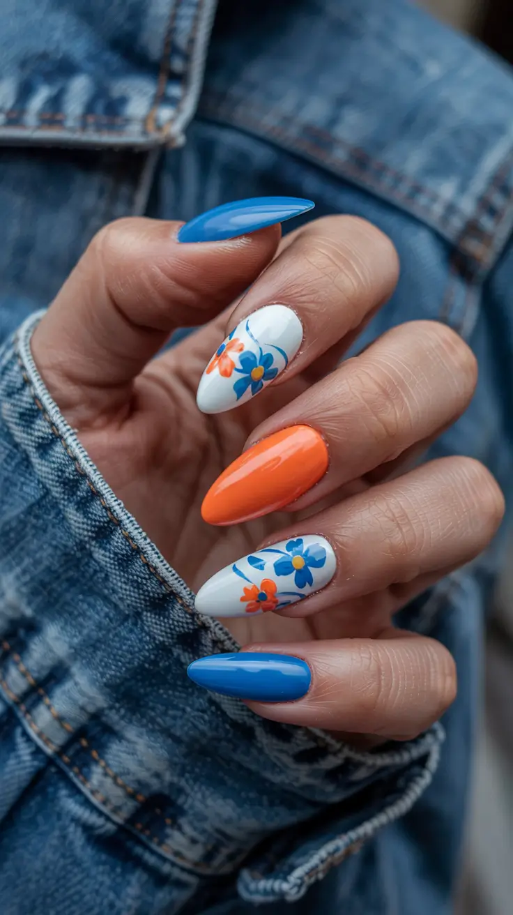stylish spring almond nails 2026 Blue Orange Bloom - Retro Floral Almond Nails