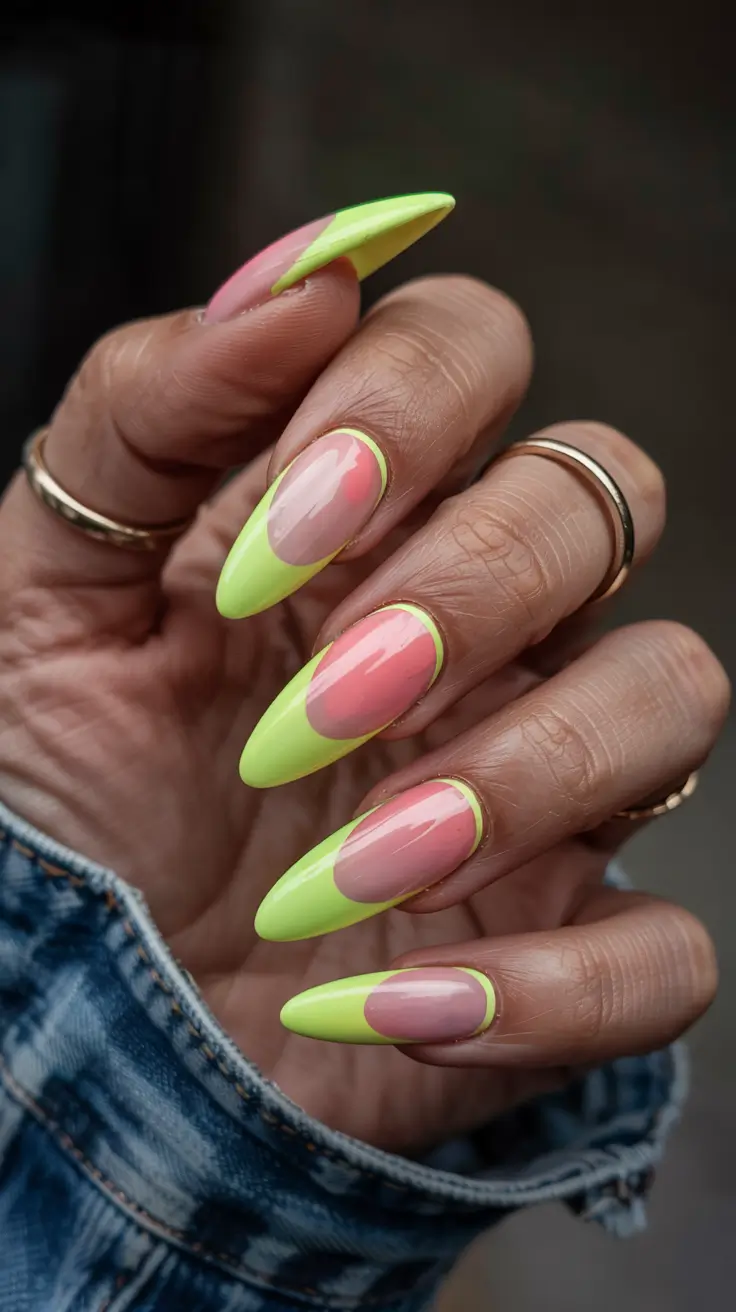 stylish spring almond nails 2026 Neon Lime Contour - Graphic Almond Negative Space Design