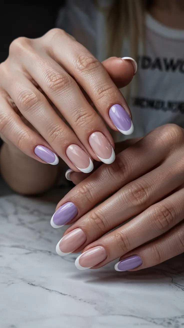 stylish spring almond nails 2026 Lavender French Remix - Soft Pastel Almond Tips