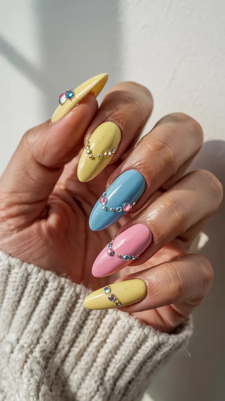 stylish spring almond nails 2026 Pastel Candy Gem - Soft Almond Nails with Crystal Details