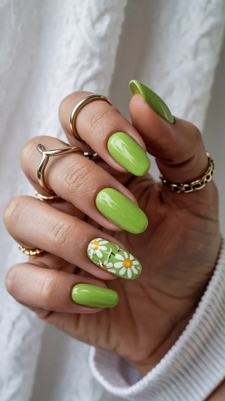 stylish spring almond nails 2026 Retro Daisy Lime - Fresh Green Almond Nails with Floral Art