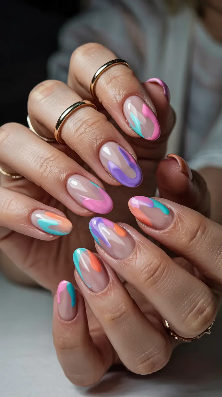 stylish spring almond nails 2026 Abstract Sorbet Waves - Modern Multicolor Almond Nail Art