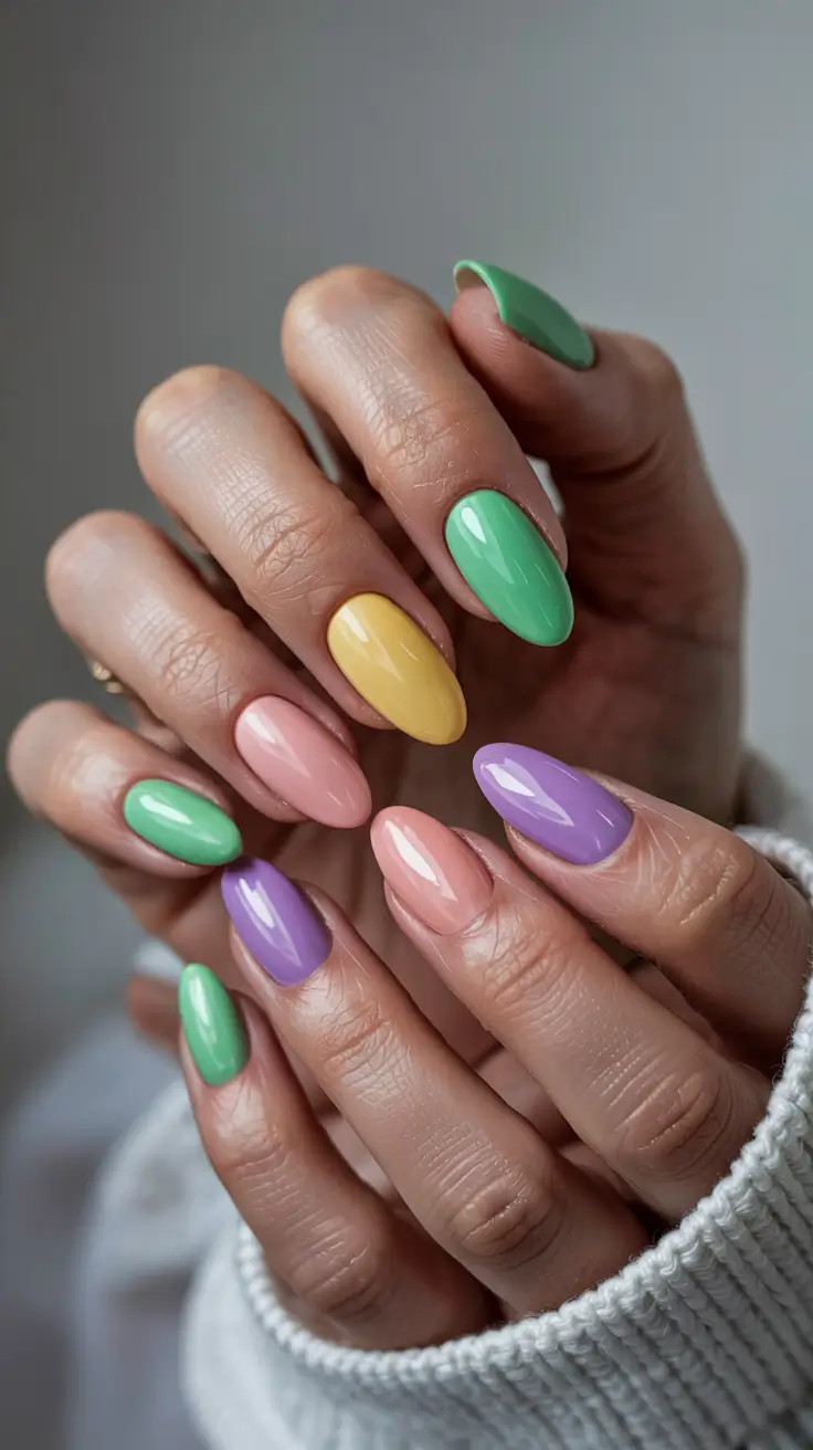stylish spring almond nails 2026 Playful Pastel Mix - Multicolor Gloss Almond Palette