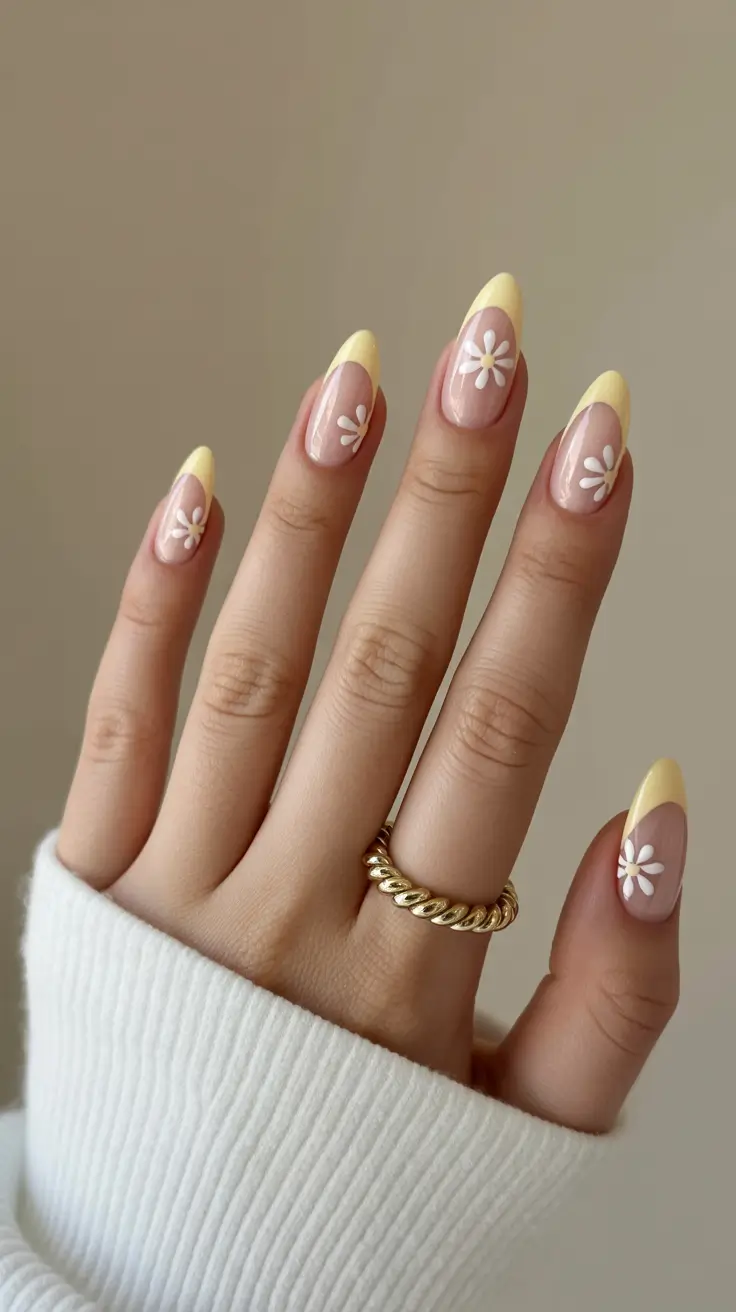 stylish spring break nails 2026 Soft Lemon French with Minimal Daisy Accents