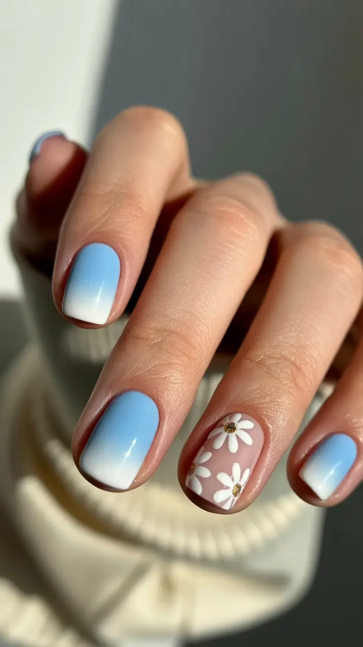 stylish spring break nails 2026 Sky Blue Ombre with Daisy Accent