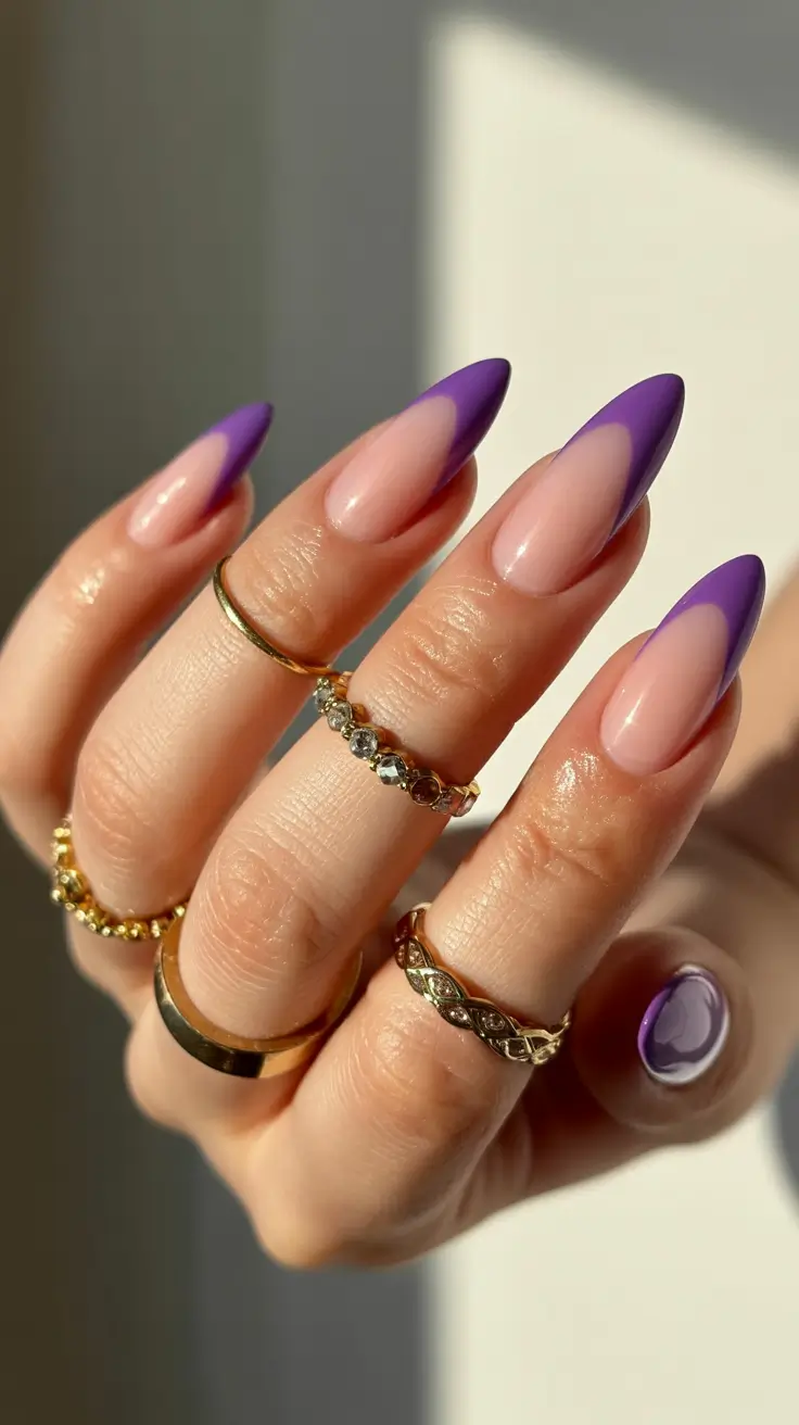 stylish spring break nails 2026 Deep Violet Micro-French Almond Nails