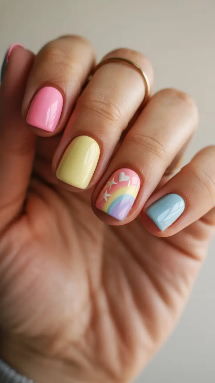 stylish spring break nails 2026 Soft Pastel Rainbow Accent Nails