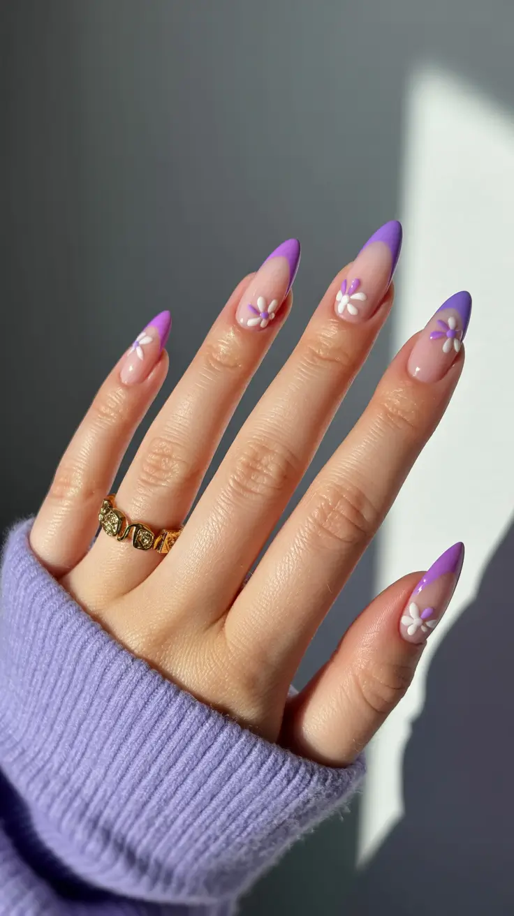 stylish spring break nails 2026 Lavender Daisy French Tips