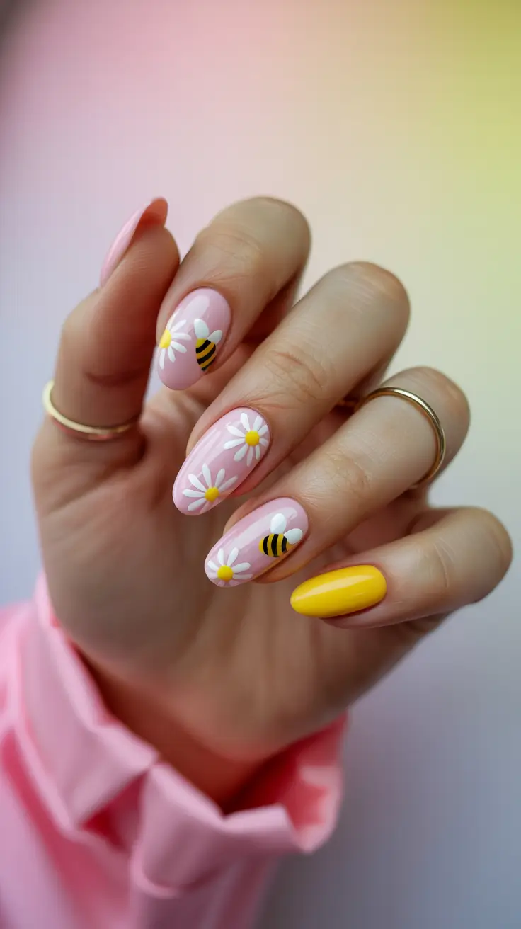stylish spring break nails 2026 Pink Daisy and Bee Spring Nail Art