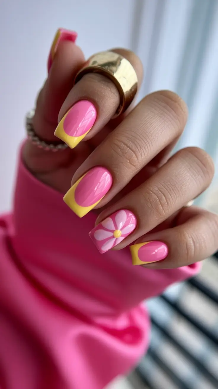 stylish spring break nails 2026 Pink and Yellow Retro Floral Square Nails