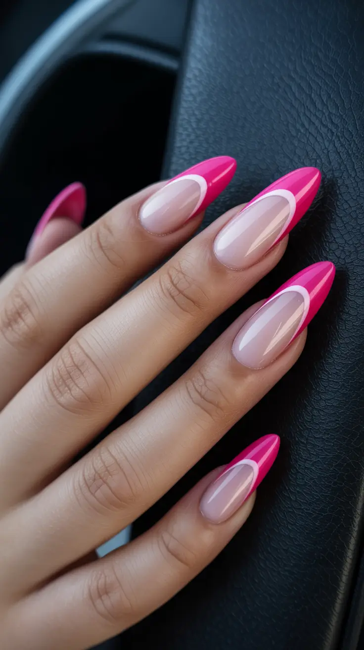 stylish spring break nails 2026 Hot Pink Sculpted French Almond Nails