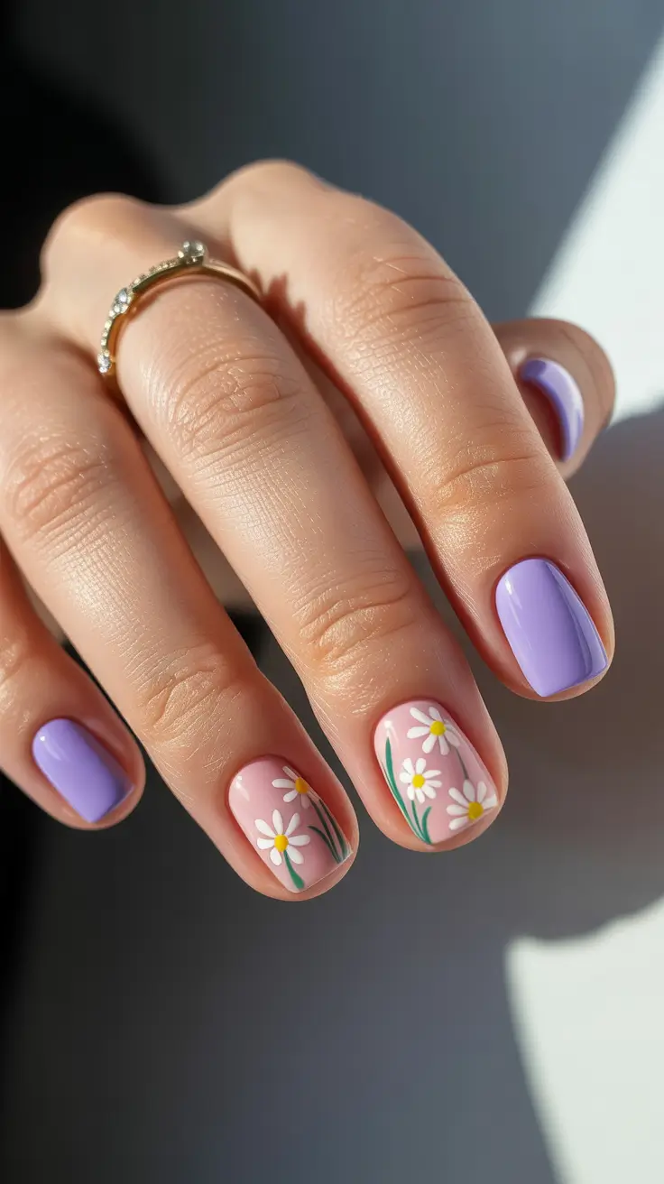stylish spring break nails 2026 Lavender Daisy Field Short Nails