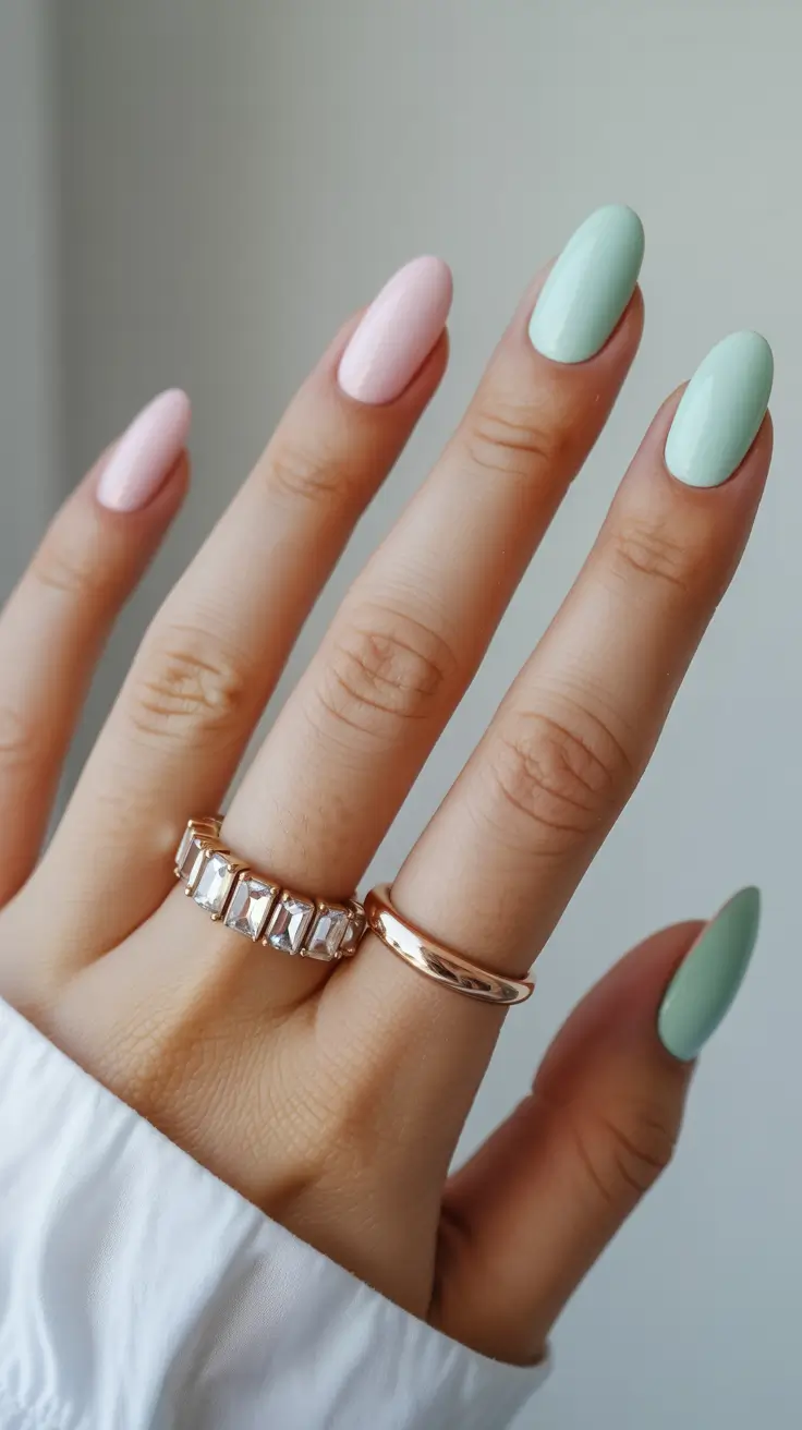 stylish spring break nails 2026 Minimal Two-Tone Pastel Almond Nails